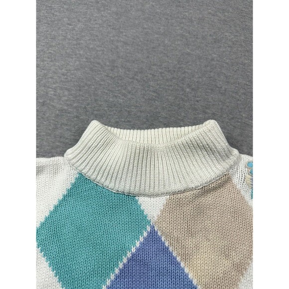 Le Moda Knitwear Small 100% Cotton 1/2 Sleeve 90s Argyle Mock Neck Vintage - Picture 8 of 10